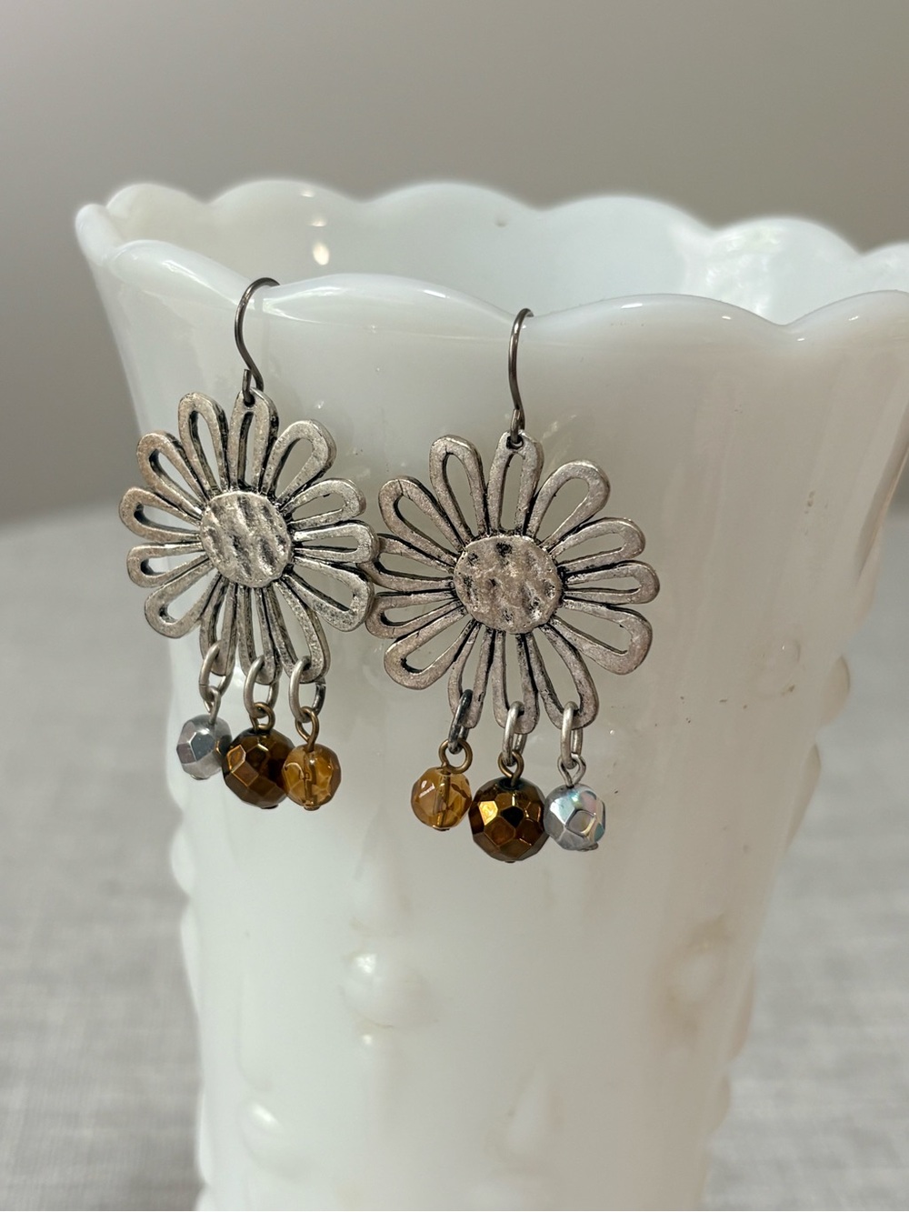 Silver Daisy Drop Earrings with Amber & Iridescent Beads